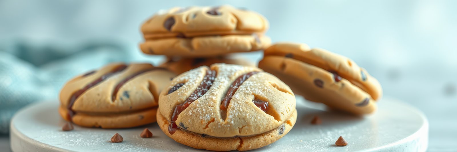 Delicious chocolate chip cookies stacked on a plate with powdered sugar in a bright kitchen setting